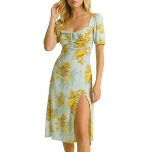 Anthropologie The Vineyard Floral Satin Midi Dress Blue Yellow Puff Sleeve sz 4